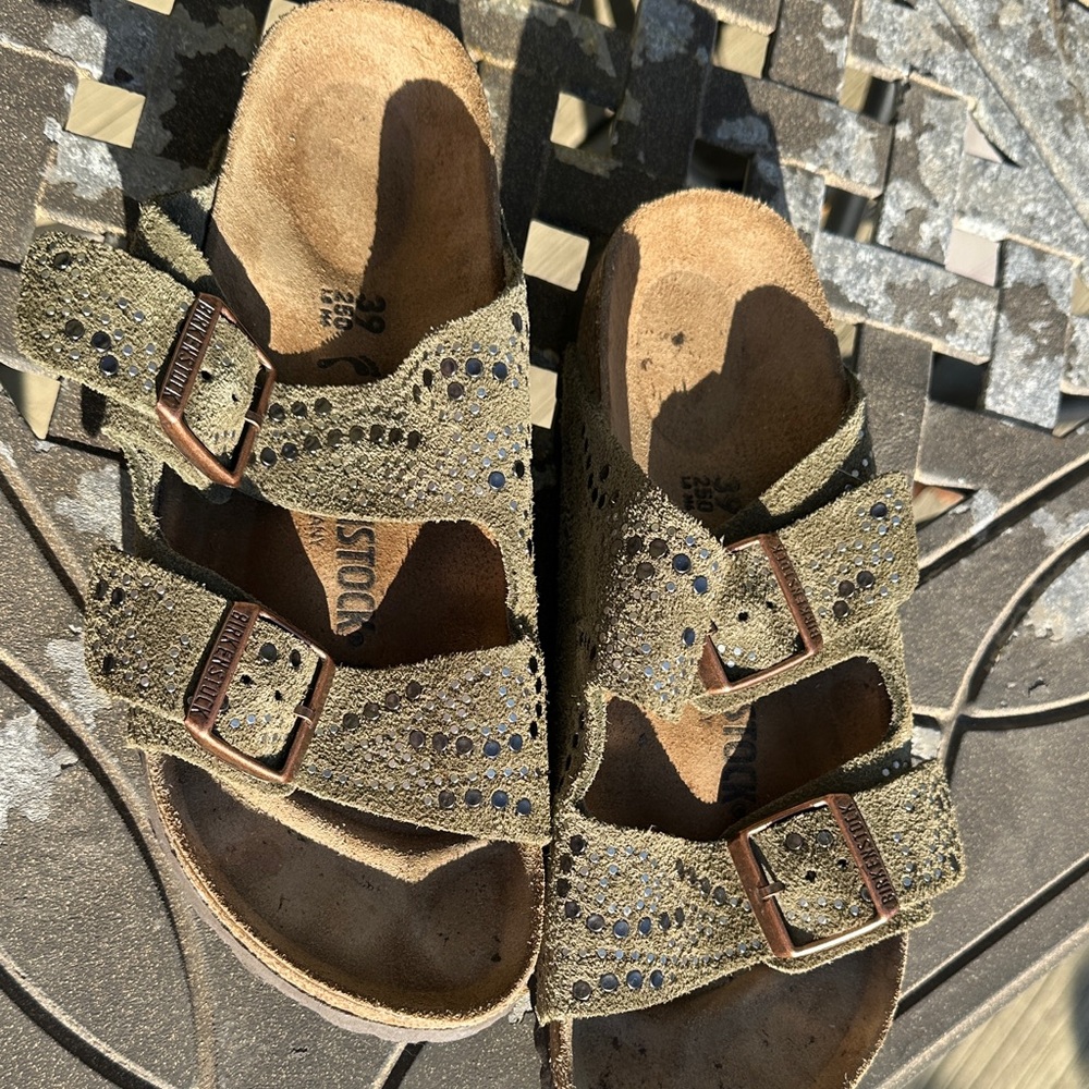 Birkenstock women’s sandals. Green with silver studs. Size 39 or 8.5.